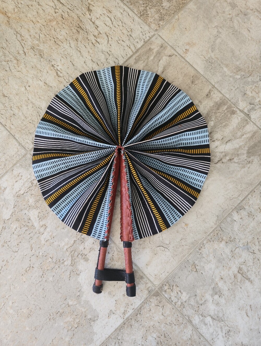Handmade African Fan in Black and Light Blue